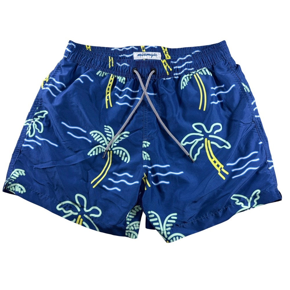 Maamgic Mens Swim Trunks Navy Blue Neon Palm Tree Tropical Mesh Lined Shorts